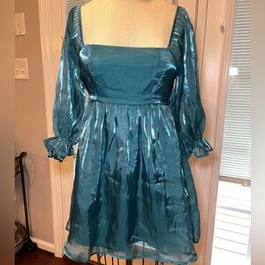 Teal Satin Puff Sleeve Mini Dress Square Neck Princesscore Romantic XS